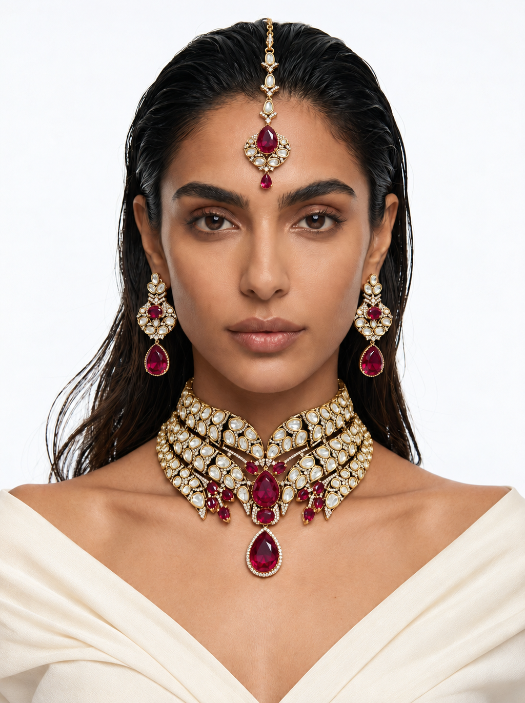 Zehmina Ruby Kundan Polki Double-Layer Choker Necklace Set – Necklace, Earrings & Maang Tikka