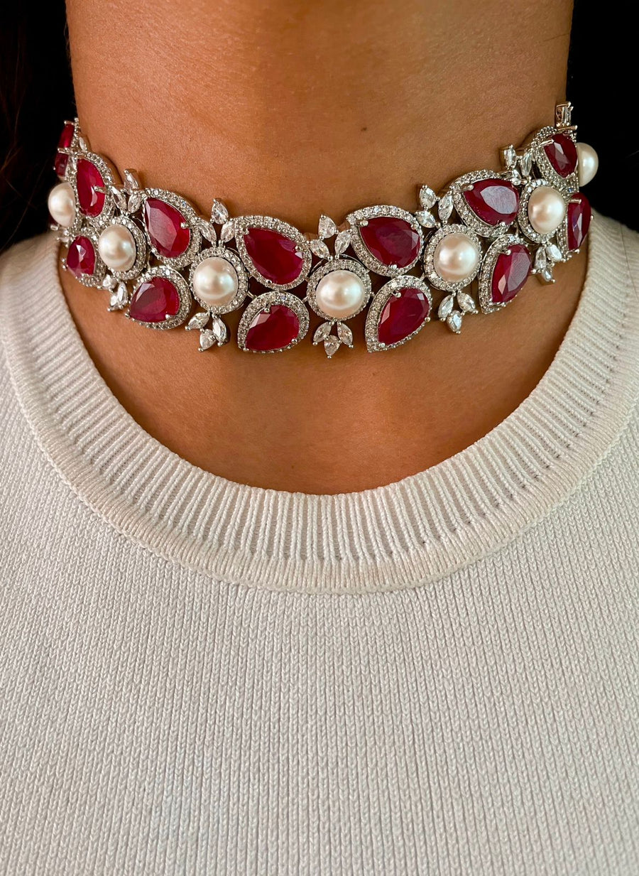 Ruby Leaflet Pearly Dimonte Choker Set