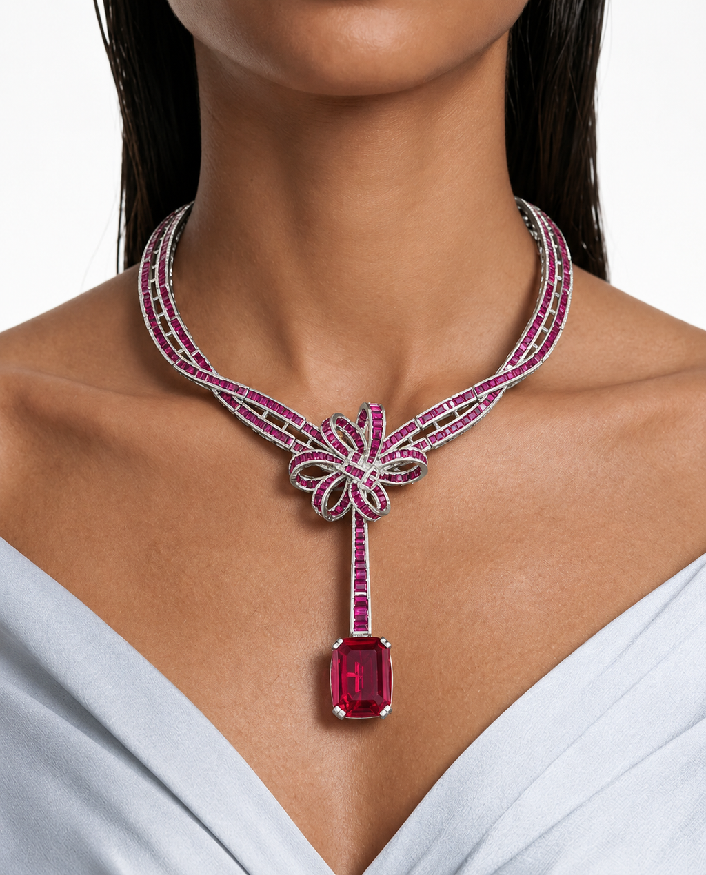 Blythe Ruby Bow Rechthoekige druppel diamantachtige zirkoon kettingset – ketting en oorbellen