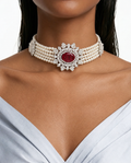 Ensemble collier ras du cou avec perles florales et zircon ovales en forme de diamant Marquise Ruby – Collier et boucles d'oreilles