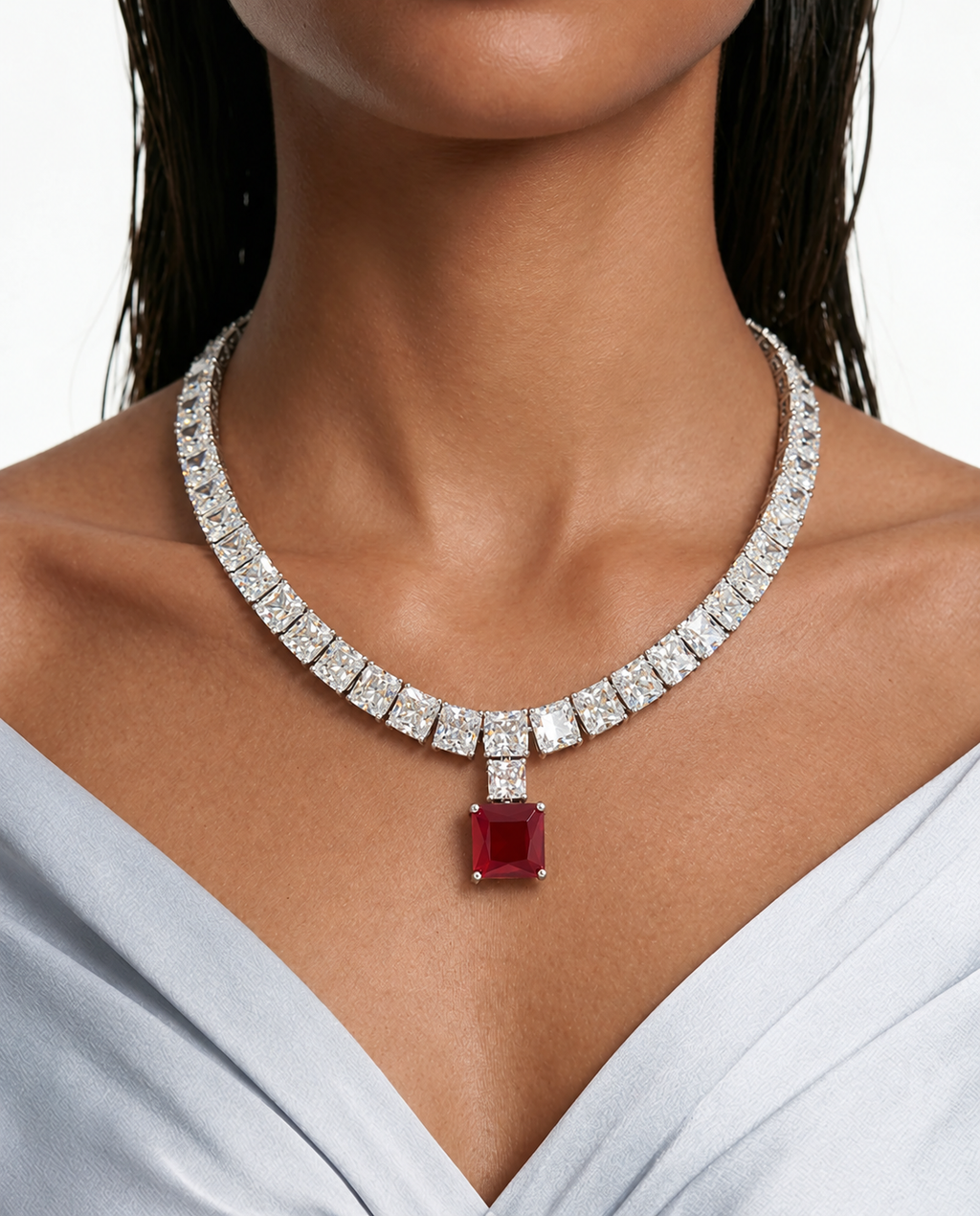 Conjunto de collar con gota de rubí cuadrado con circonitas tipo diamante Vivi - Collar y aretes