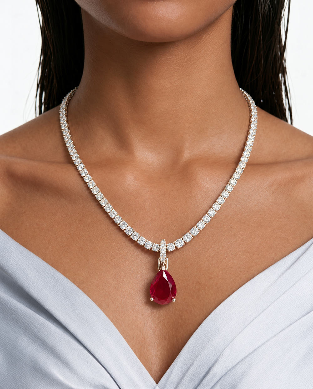 Juego de collar con colgante de pera y circonita tipo diamante de rubí Eliska (collar y pendientes)