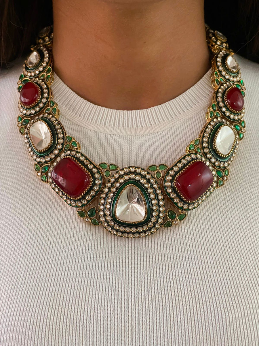 Ruby Polki Statement Kundan Necklace Set (Necklace & Earrings)