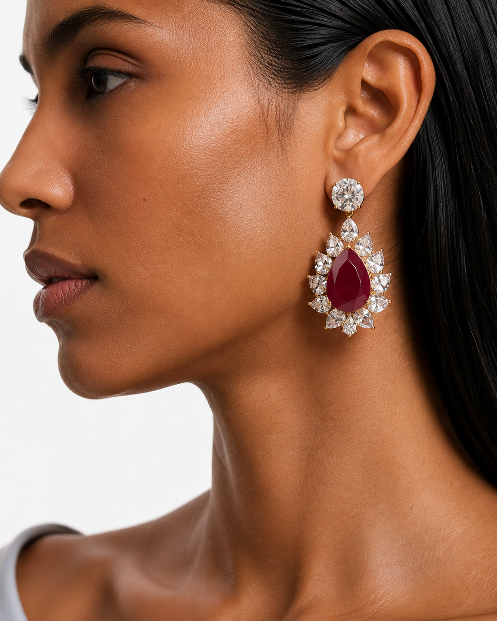 Leena Ruby Teardrop Gold-Tone Diamond-Like Zircon Pendant Necklace Set – Necklace & Earrings