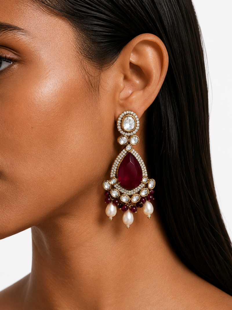 Suhira Ruby Moissanite Polki Kundan with Zircon Diamond Detailing 3 Layer Necklace Set – Necklace, Earrings & Maang Tikka