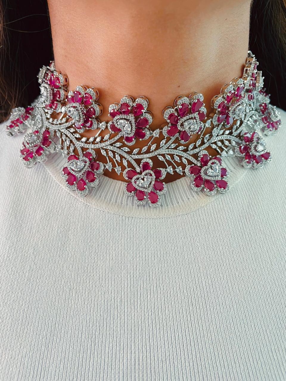 Hart- en diamanten kettingset (ketting, mang tika & oorbellen)
