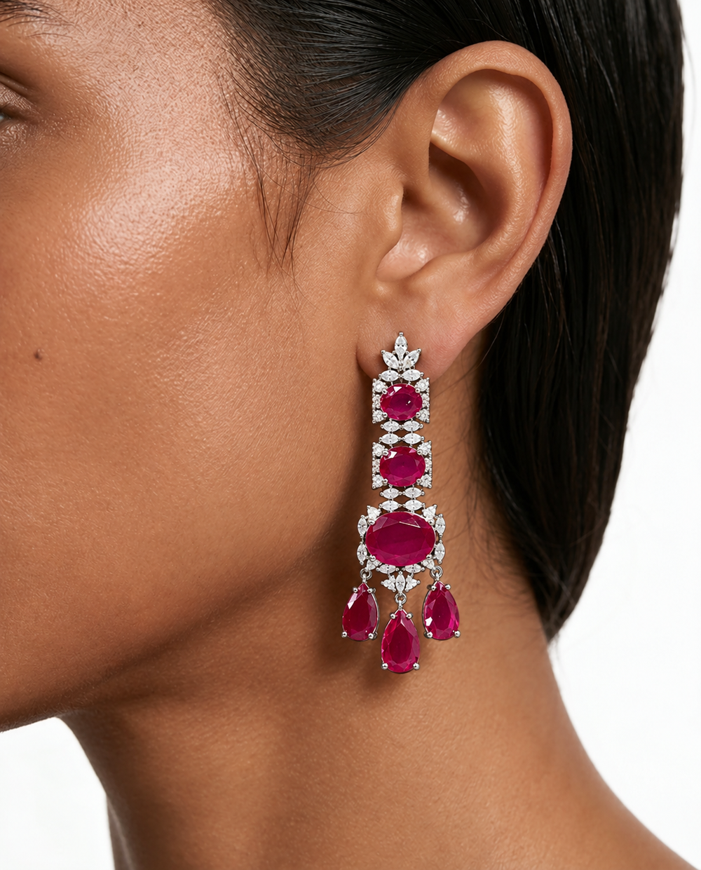 Zaya Diamond-Like Zircon Ovals with Ruby & Diamond Pear Drops Choker Necklace Set – Necklace & Earrings