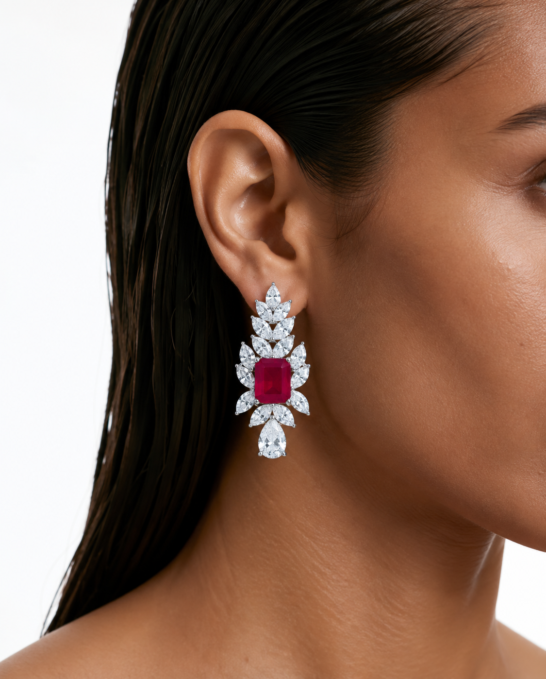 Niva Ruby Leaf Drop Diamond-Like Zircon Necklace Set (Necklace & Earrings)