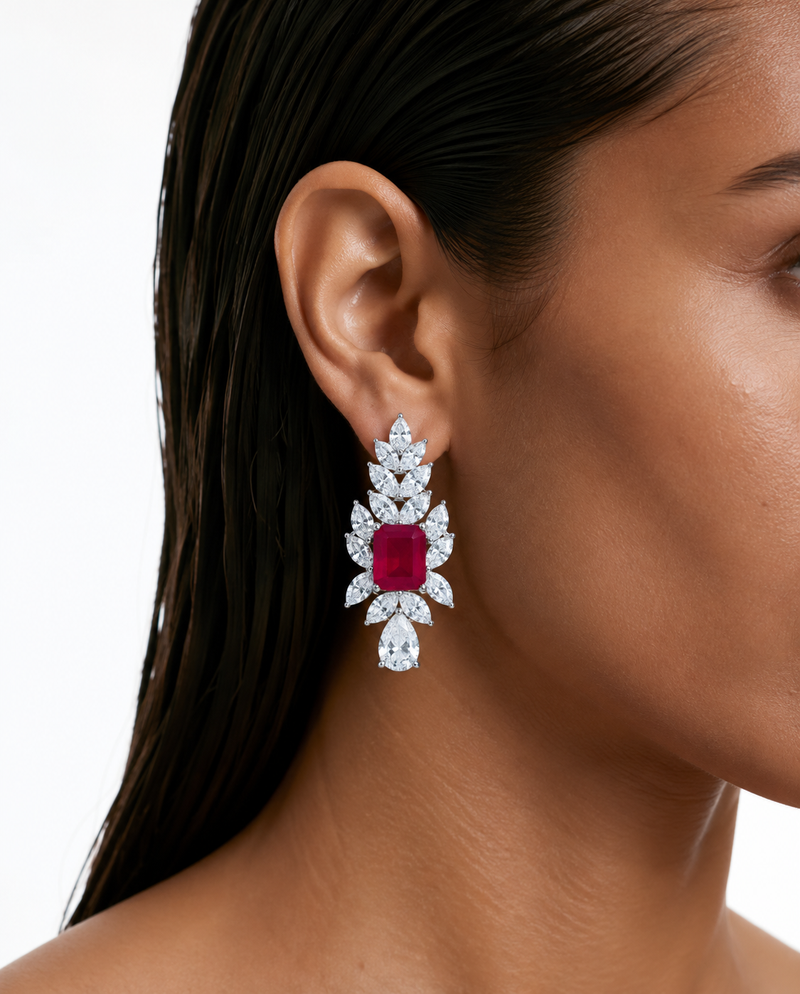 Niva Ruby Leaf Drop Diamond-Like Zircon Necklace Set (Necklace & Earrings)