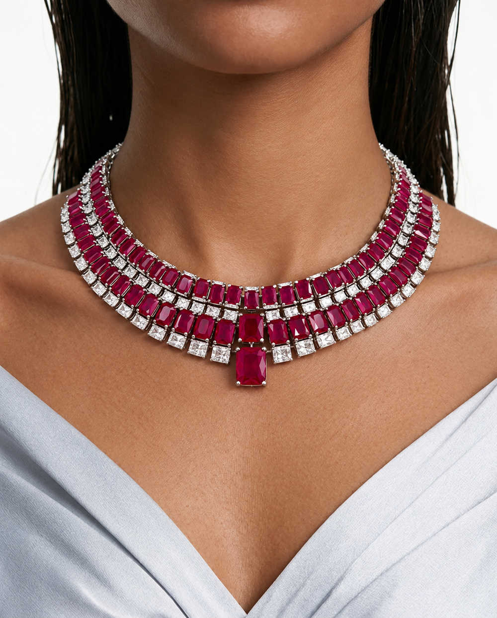 Maharani Auri Ruby Square Drop & Ivana Ruby Baguette Single Line Tennis Diamond Collier Ensemble (2 colliers et 2 boucles d'oreilles)