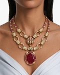 Haniya Ruby Double Layer Oval Pendant Moissanite Polki Kundan Necklace Set – Necklace & Earrings
