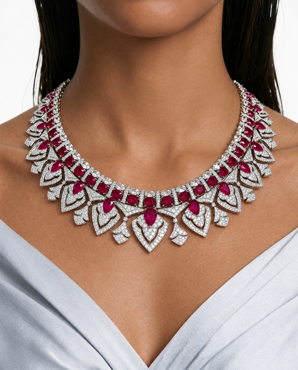 Maharani Aster Ruby Fan & Bhavika Ruby Single Line Tennis Necklace Set (2 Necklace & 2 Earrings)