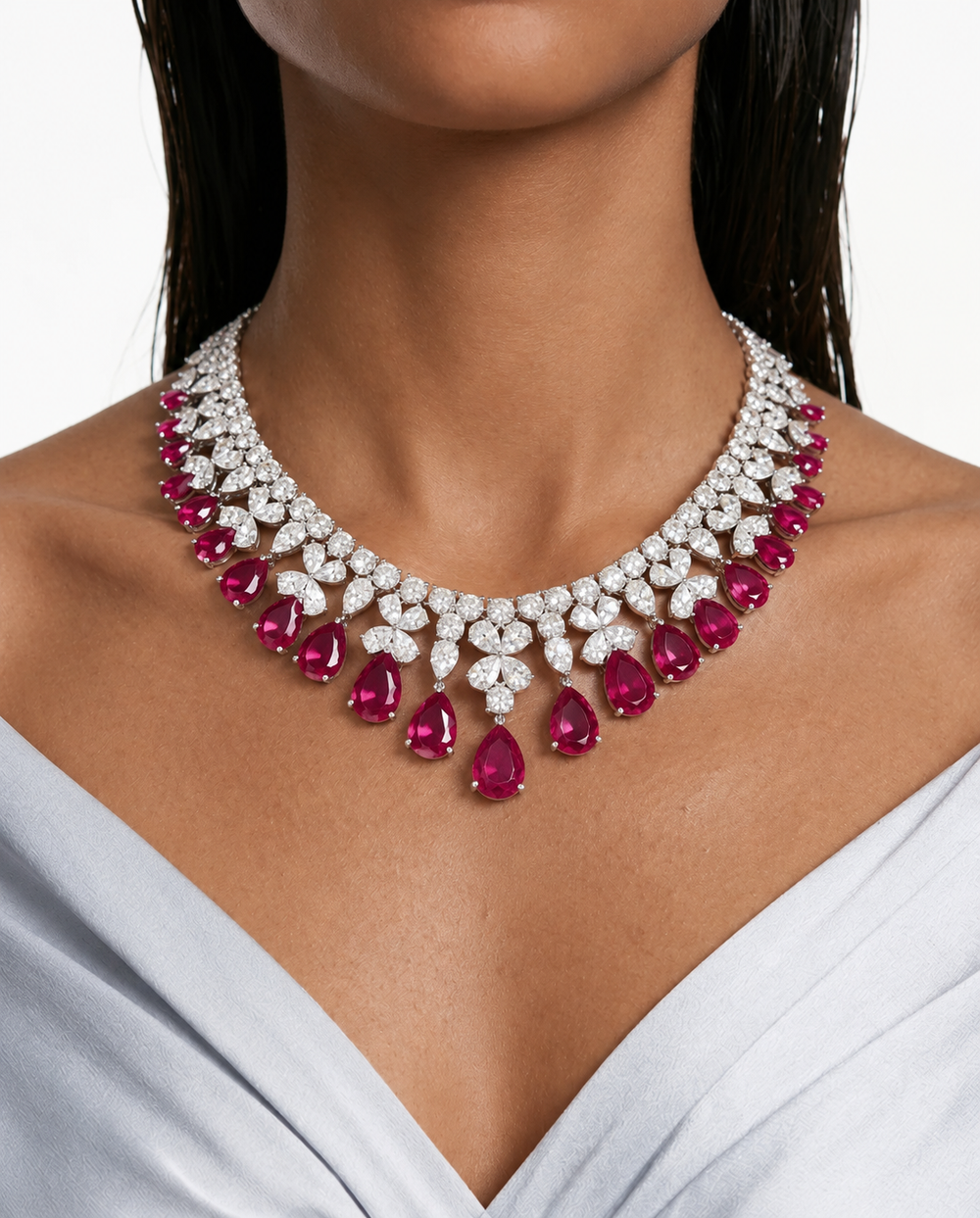Amora Ruby Drops Statement & Diamond Like Zircon Necklace Set (Necklace & Earrings)