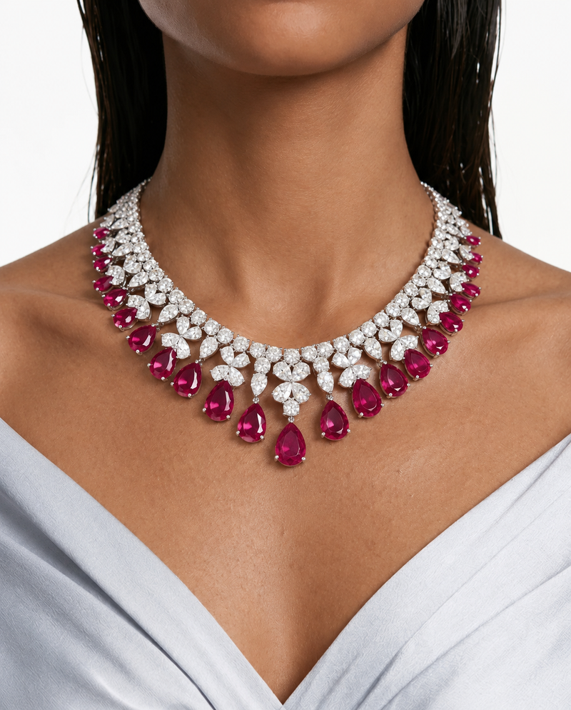 Amora Ruby Drops Statement & Diamond Like Zircon Necklace Set (Necklace & Earrings)
