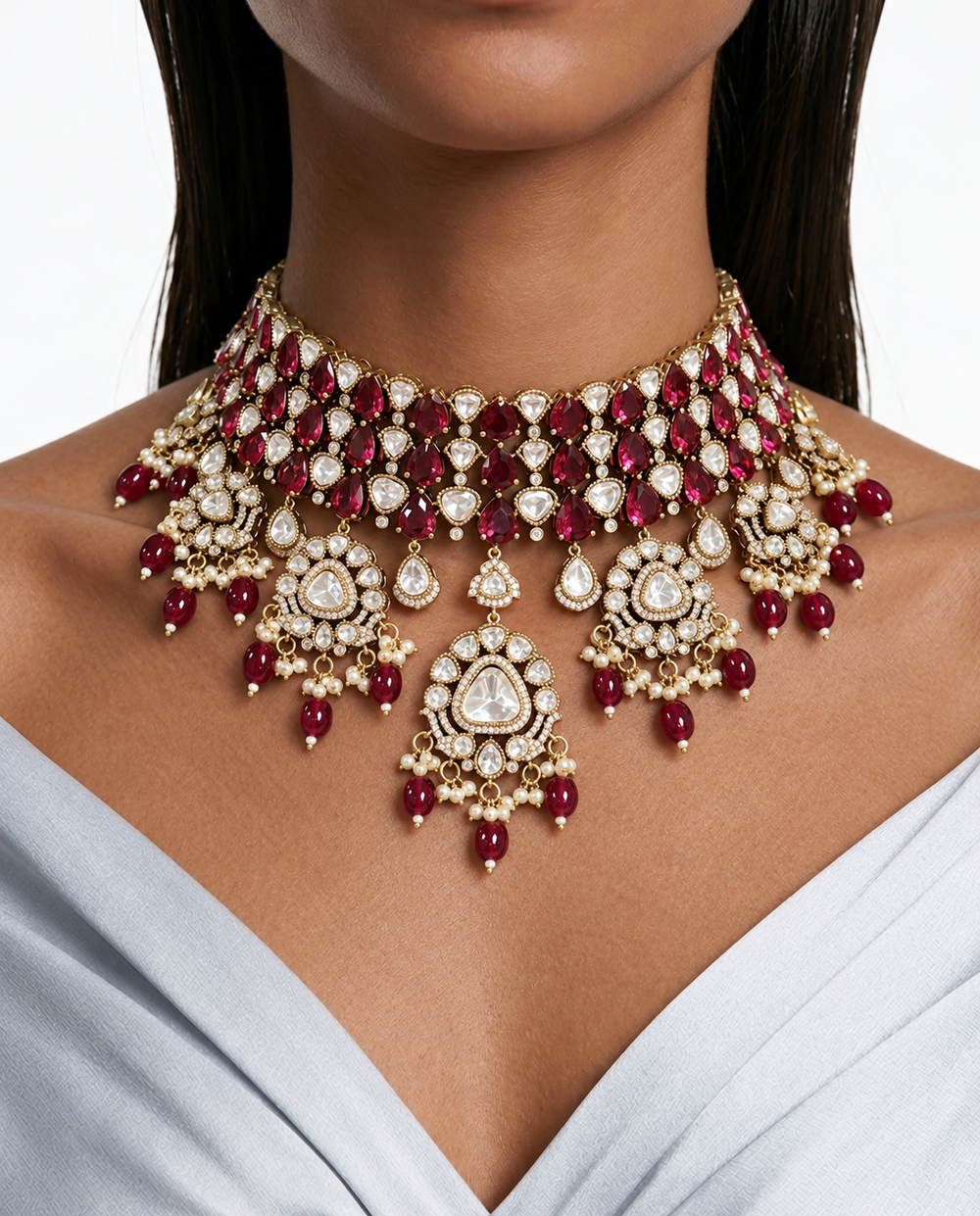 Kashmira 红宝石莫桑石 Polki Kundan 珍珠吊坠新娘项圈项链套装 – 项链、耳环和 Maang Tikka