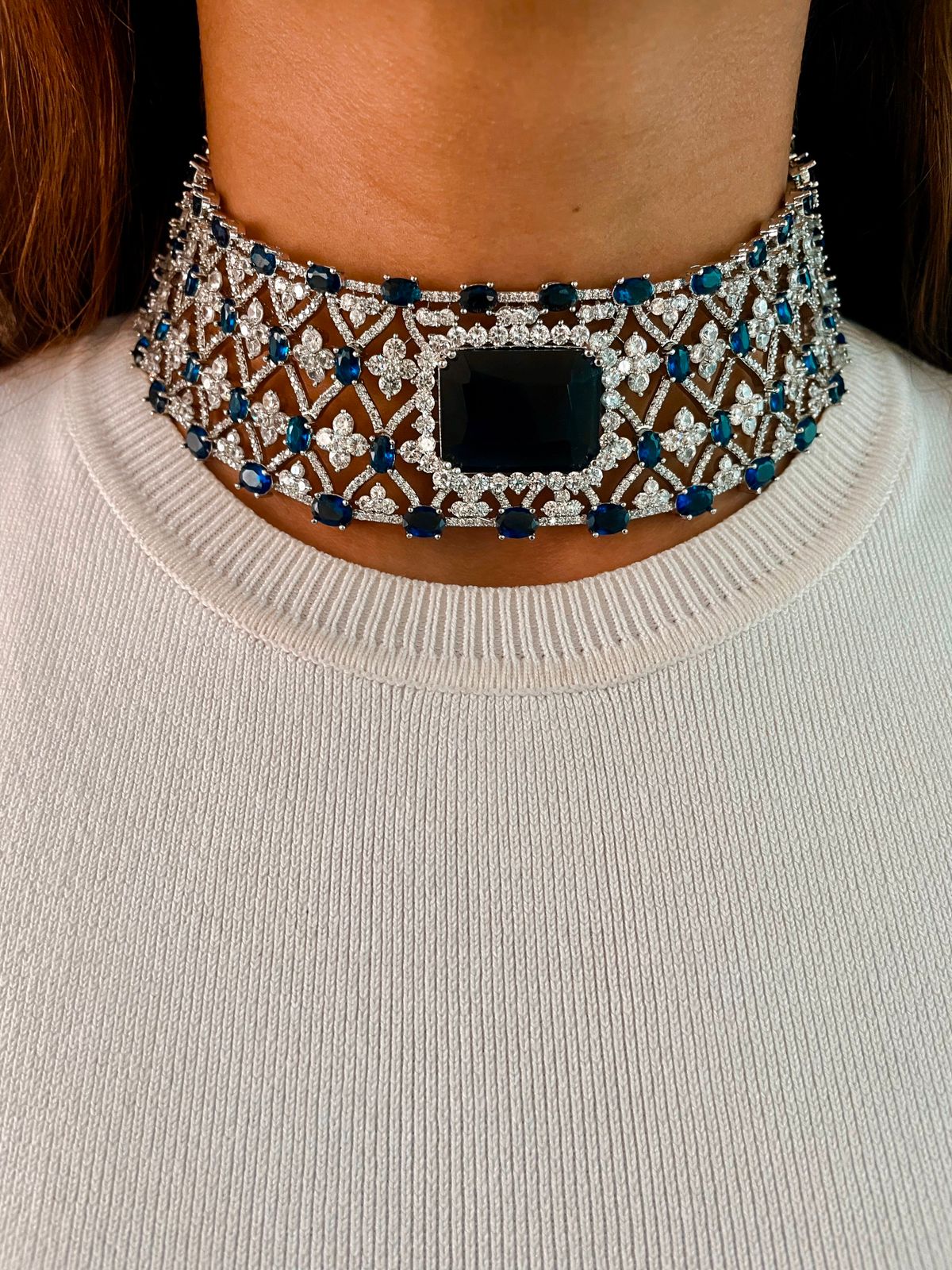 Sapphire Appliqué Dimonte Choker Necklace Set — front view — Prerto