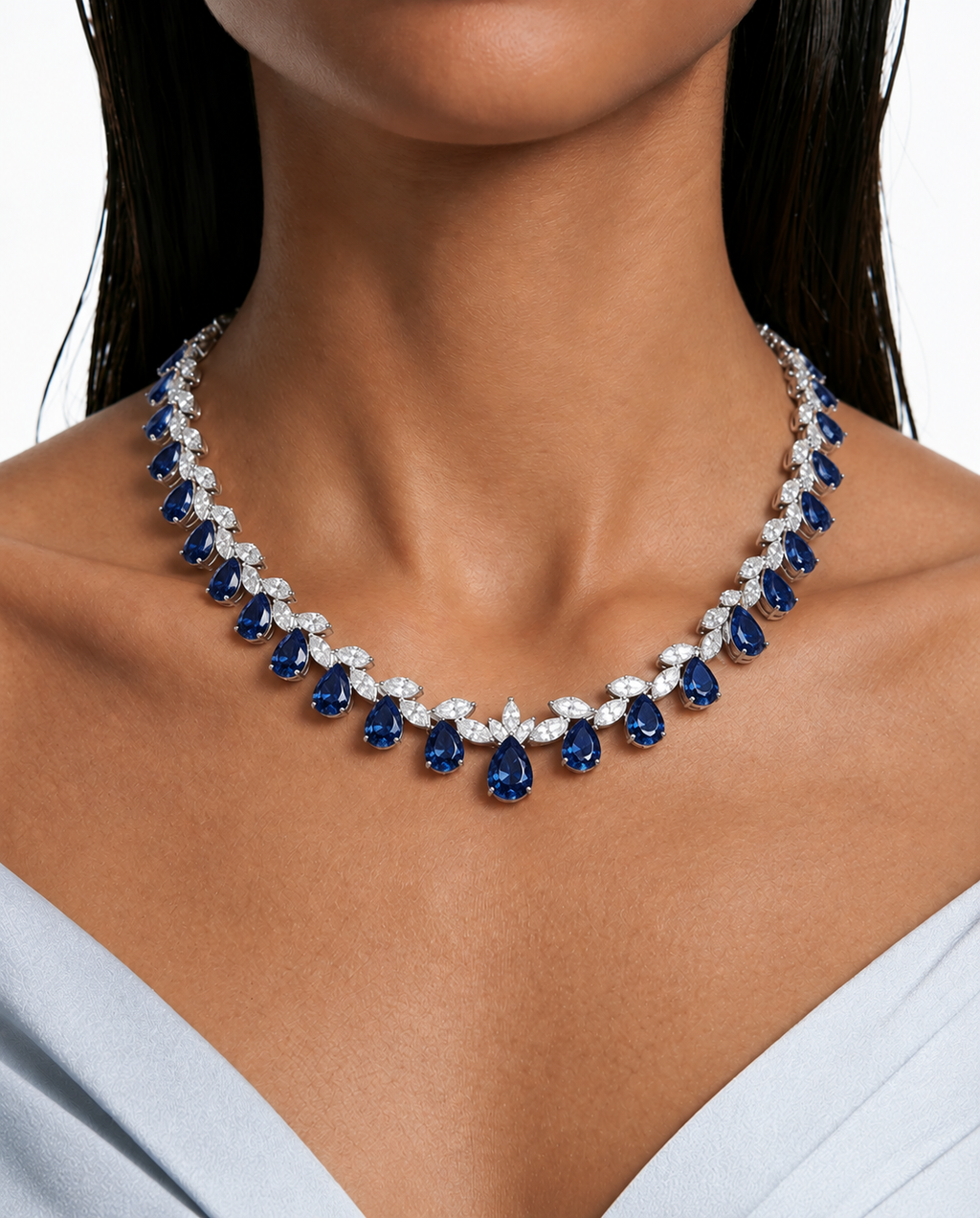 Vaanya Sapphire Mini Drops Single Line Necklace Set – sapphire doublet and 5A CZ, rhodium plated – front view | PRERTO