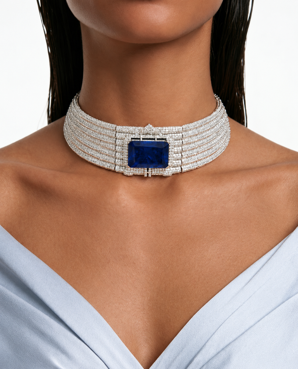 Juego de gargantilla de zafiro rectangular con circonitas tipo diamante Hina - Collar y aretes