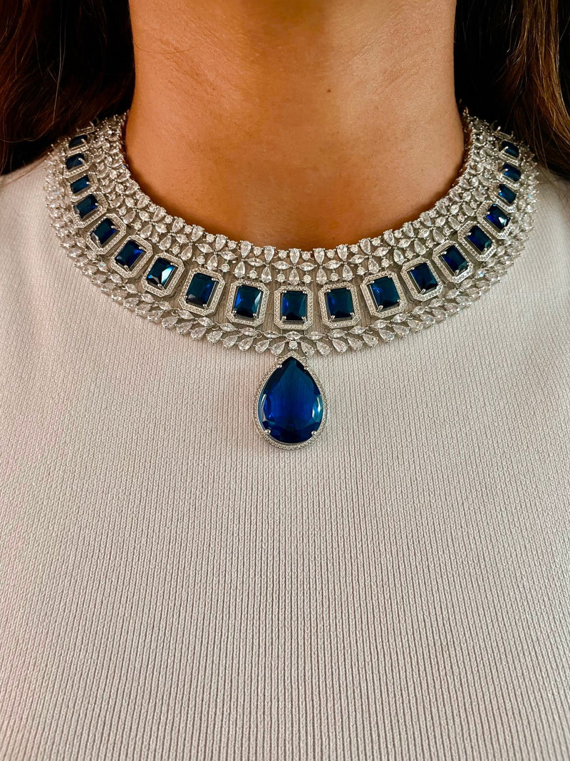 Sapphire Drop Dimonte Floral Necklace Set — front view — Prerto