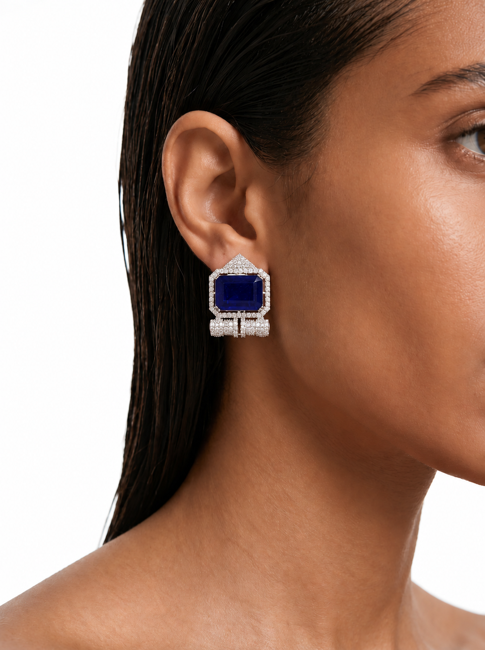 Juego de gargantilla de zafiro rectangular con circonitas tipo diamante Hina - Collar y aretes