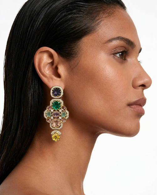 Ensemble collier ras du cou avec pendentif long en zircon multicolore semblable à un diamant - Collier et boucles d'oreilles