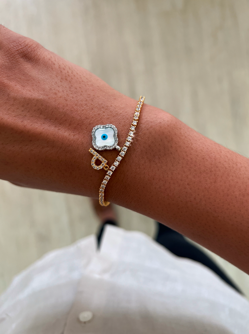Personalised Diamond Studded Single Letter Evil Eye Bracelet by Prerto — worn on wrist