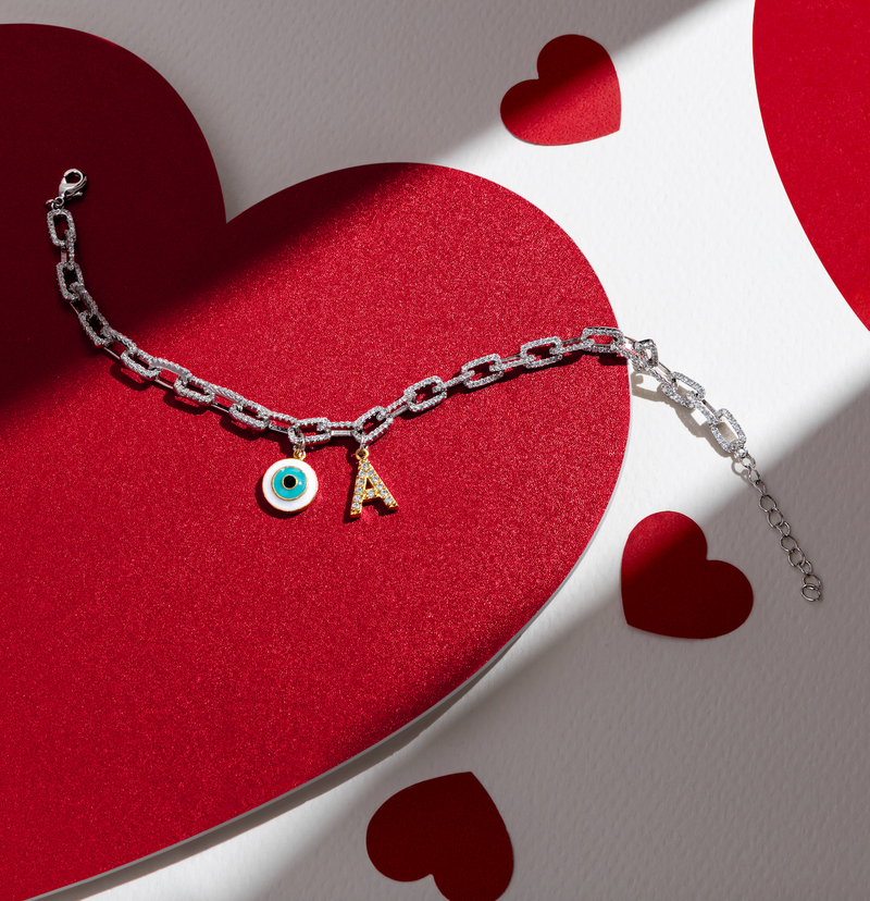 Interlinked Personalised Diamond Studded Evil Eye Bracelet by Prerto — Rakhi gifting jewellery