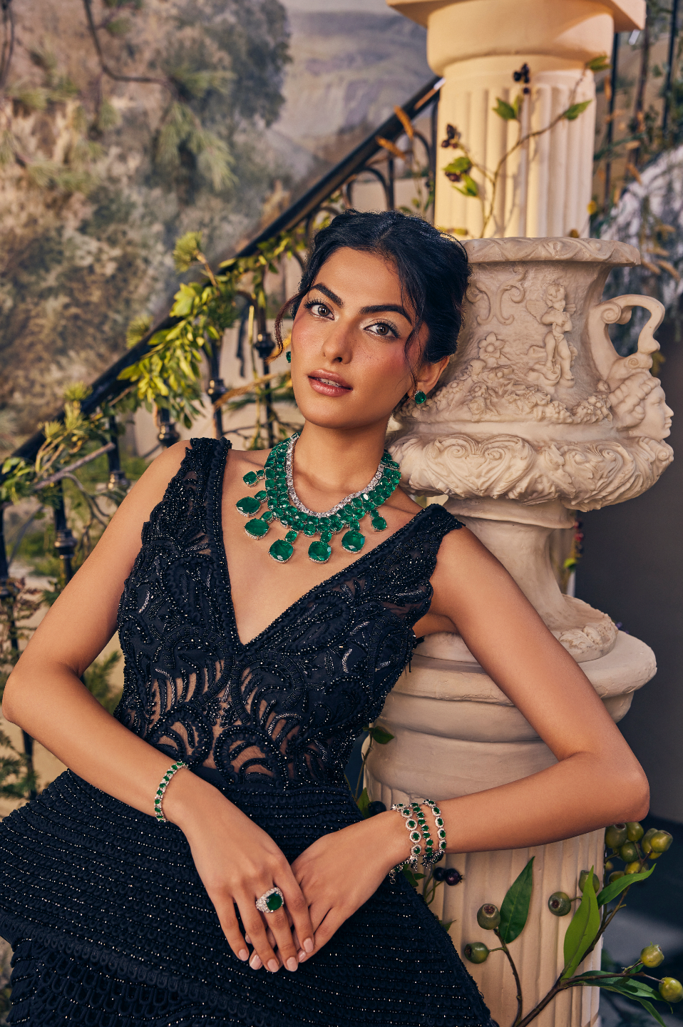 Boulder Emerald Doublets Diamond Luxe Couture Statement Necklace Set — front view — Prerto