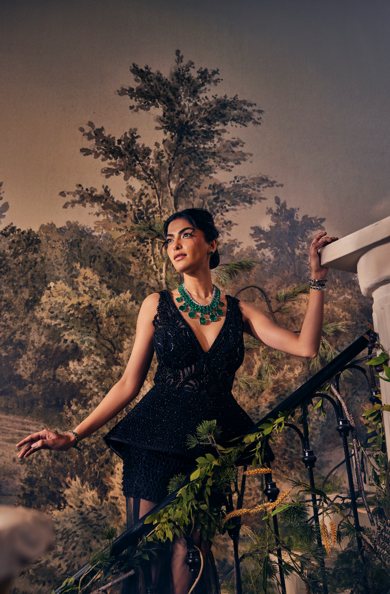 Boulder Emerald Doublets Diamond Luxe Couture Statement Necklace Set — worn on model — Prerto