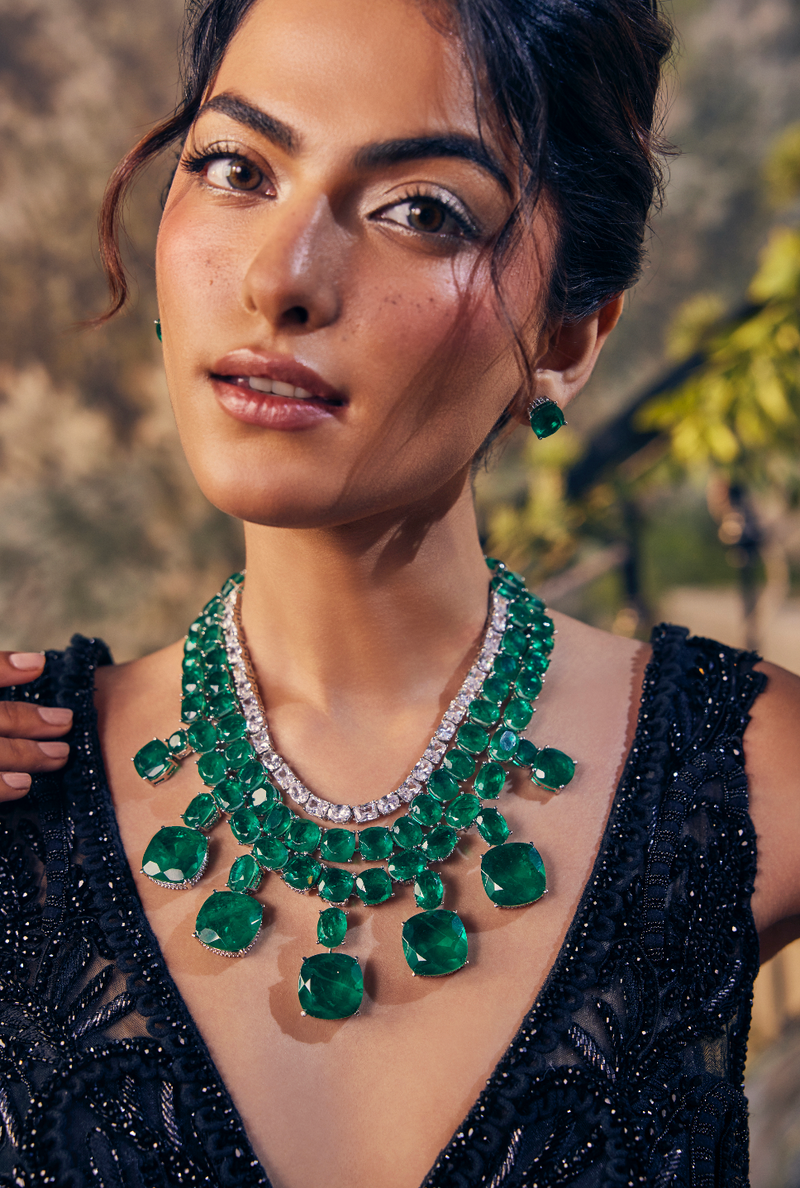 Boulder Emerald Doublets Diamond Luxe Couture Statement Necklace Set — styled view — Prerto