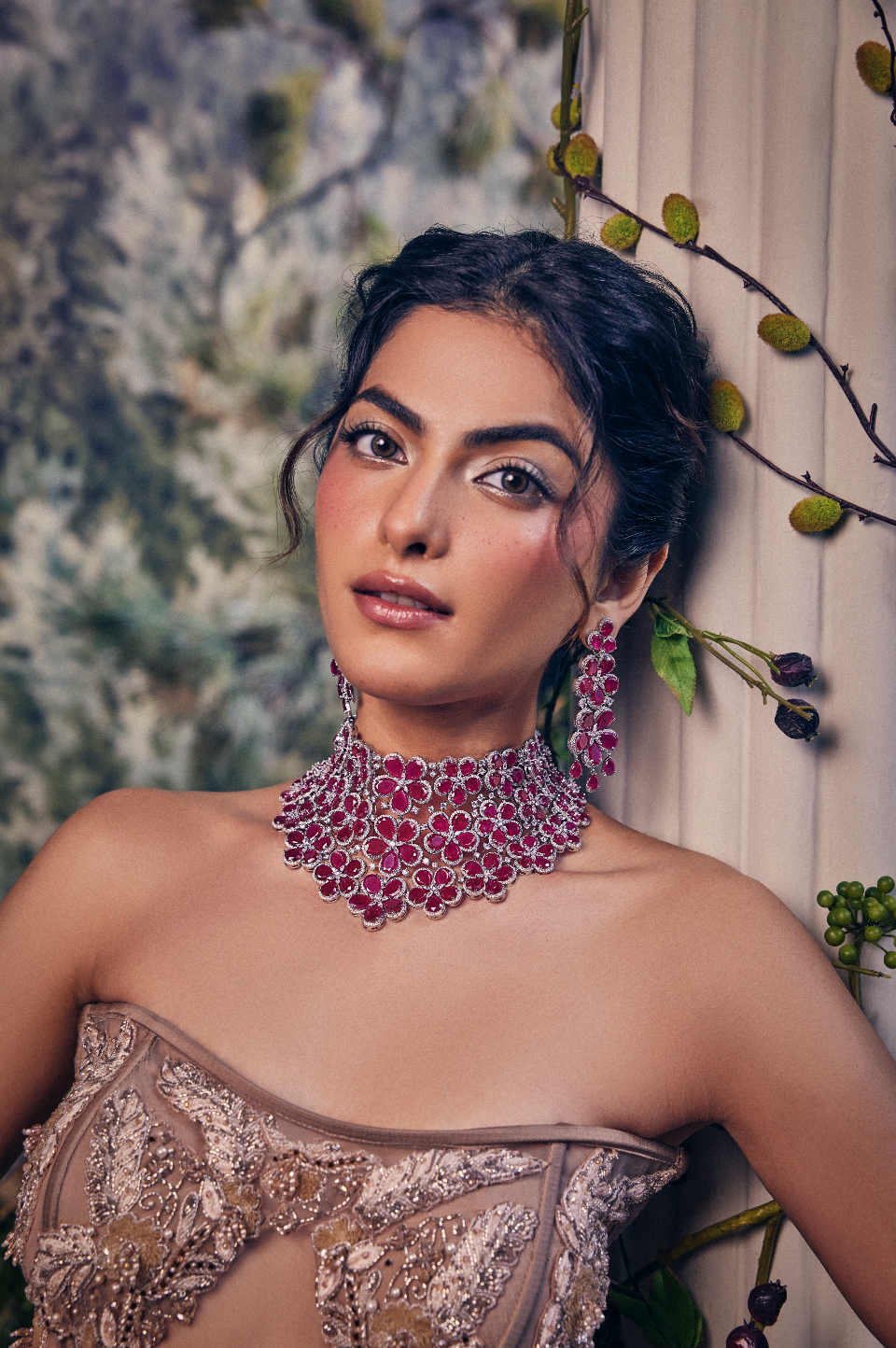 Alina Ruby Dynasty Floral Majesty Diamond Choker Necklace Set — styled view — Prerto