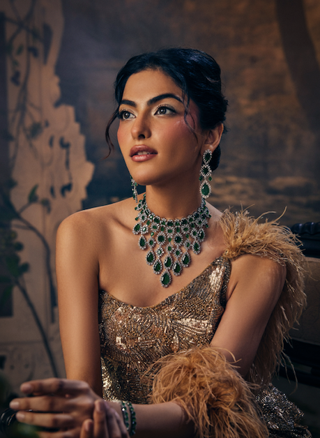 Abbey Emerald Drops Statement Necklace Set — styled view — Prerto
