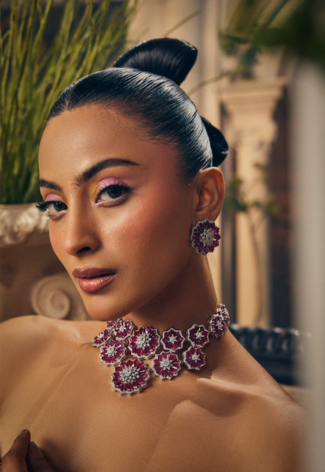 Alina Ruby Rosette Diamond Necklace Set — styled view — Prerto