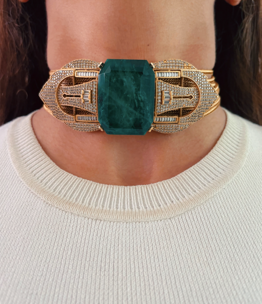 Celeste Majestic Emerald Moissanite Couture Choker Necklace Set — front view — Prerto