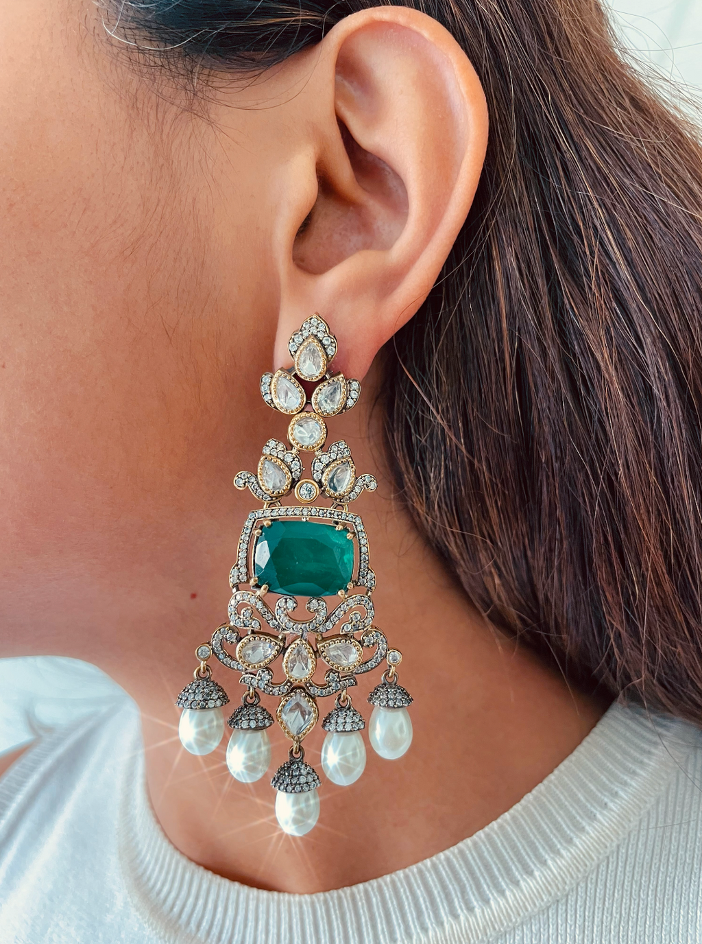 3 Layered Emerald Doublet & Moissanite Polki Kundan Couture Necklace Set — worn on model — Prerto