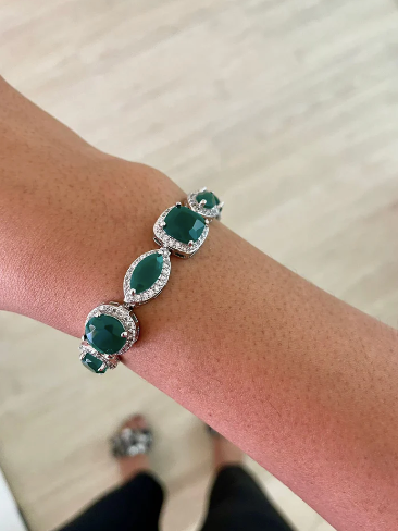 Emerald Tennis Heart Drop Necklace & Earrings Set — flat lay — Prerto