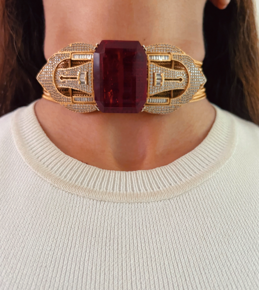 Celeste Majestic Ruby Moissanite Couture Choker Necklace Set — front view — Prerto