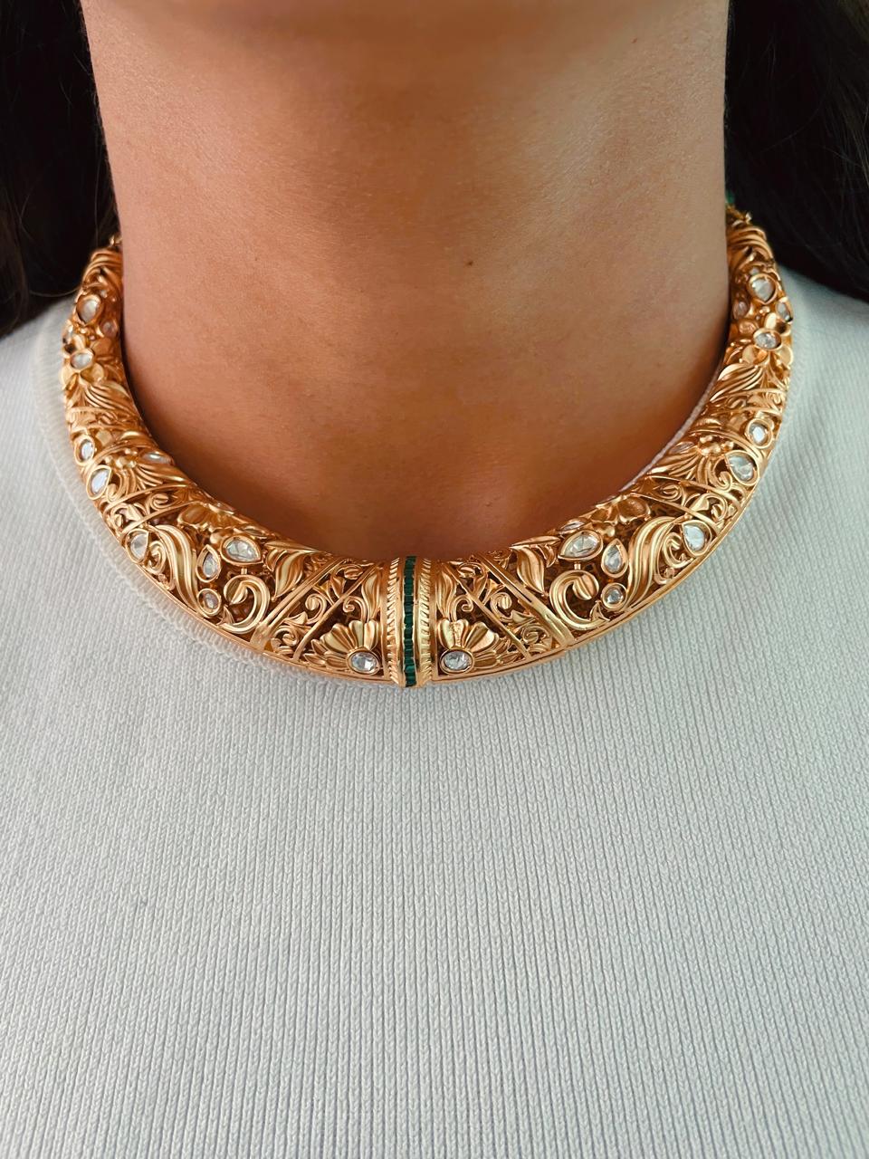 Golden Floral Emerald Hasdi Necklace & Earrings Set by Prerto — Indian bridal jewellery