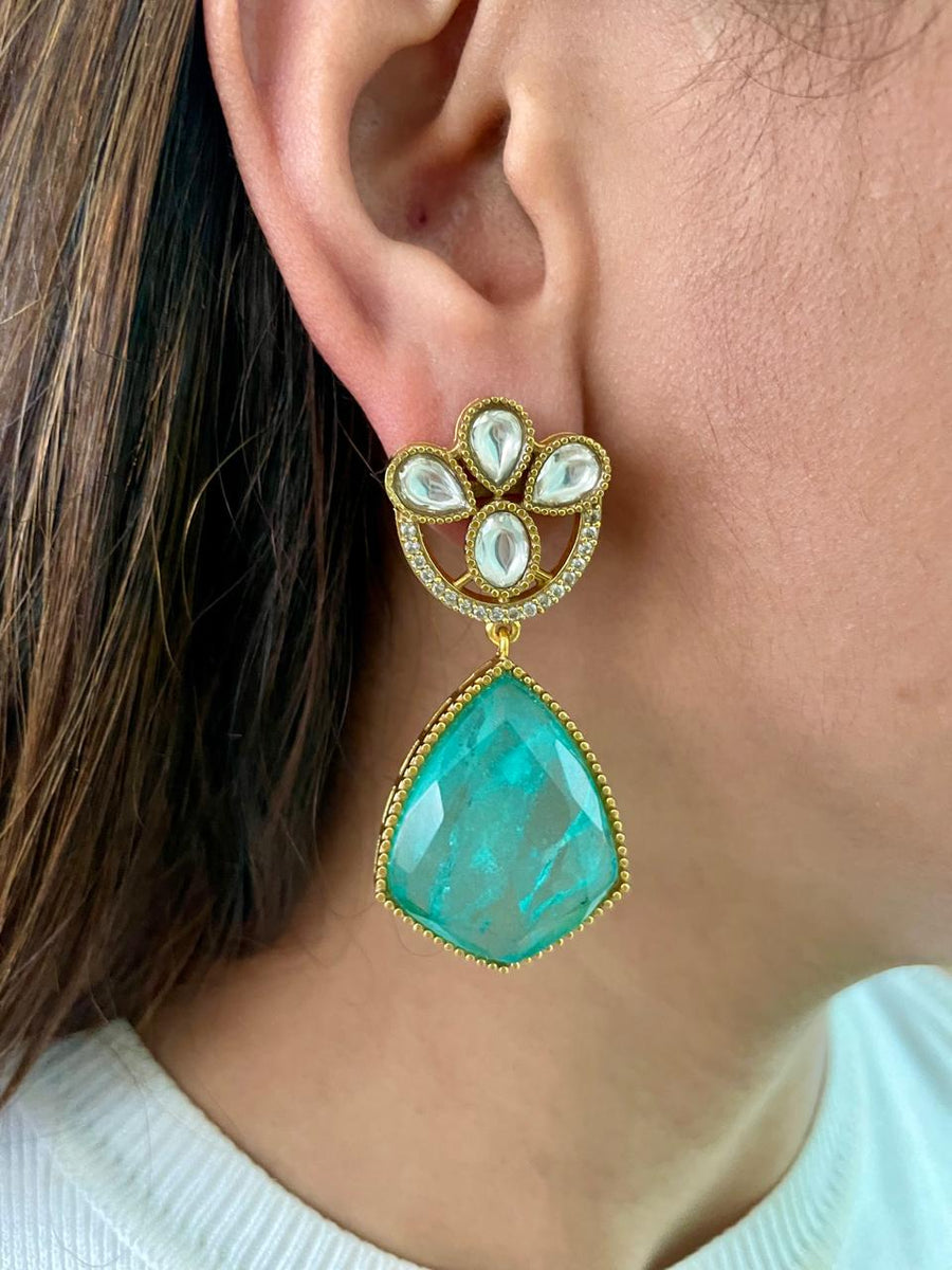 Statement Mint Green Drop Kundan Polki Diamond Detail Choker Set (Necklace & Earrings)