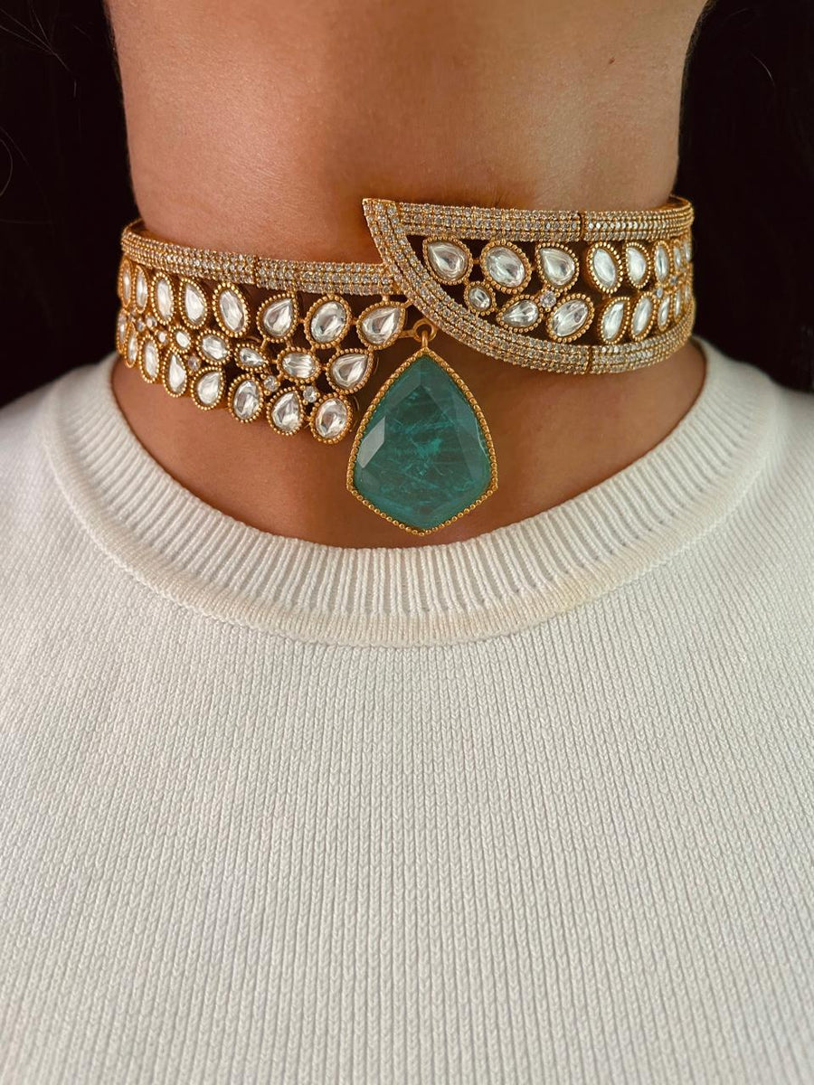 Statement Mint Green Drop Kundan Polki Diamond Detail Choker Set (Necklace & Earrings)