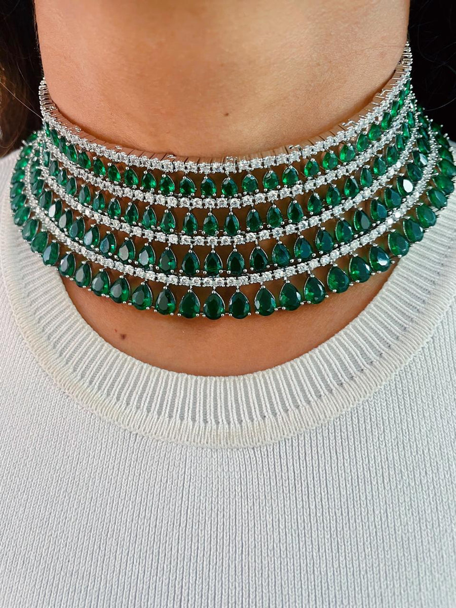 Tear Drop Emerald Dimonte Choker Necklace Set (Earrings & Necklace)