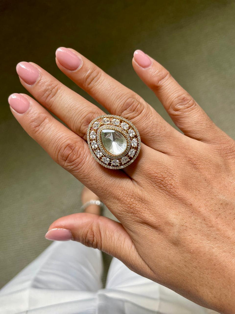 Tear Drop Kundan Diamante Cocktail Ring by Prerto — Indian & Arab wedding jewellery