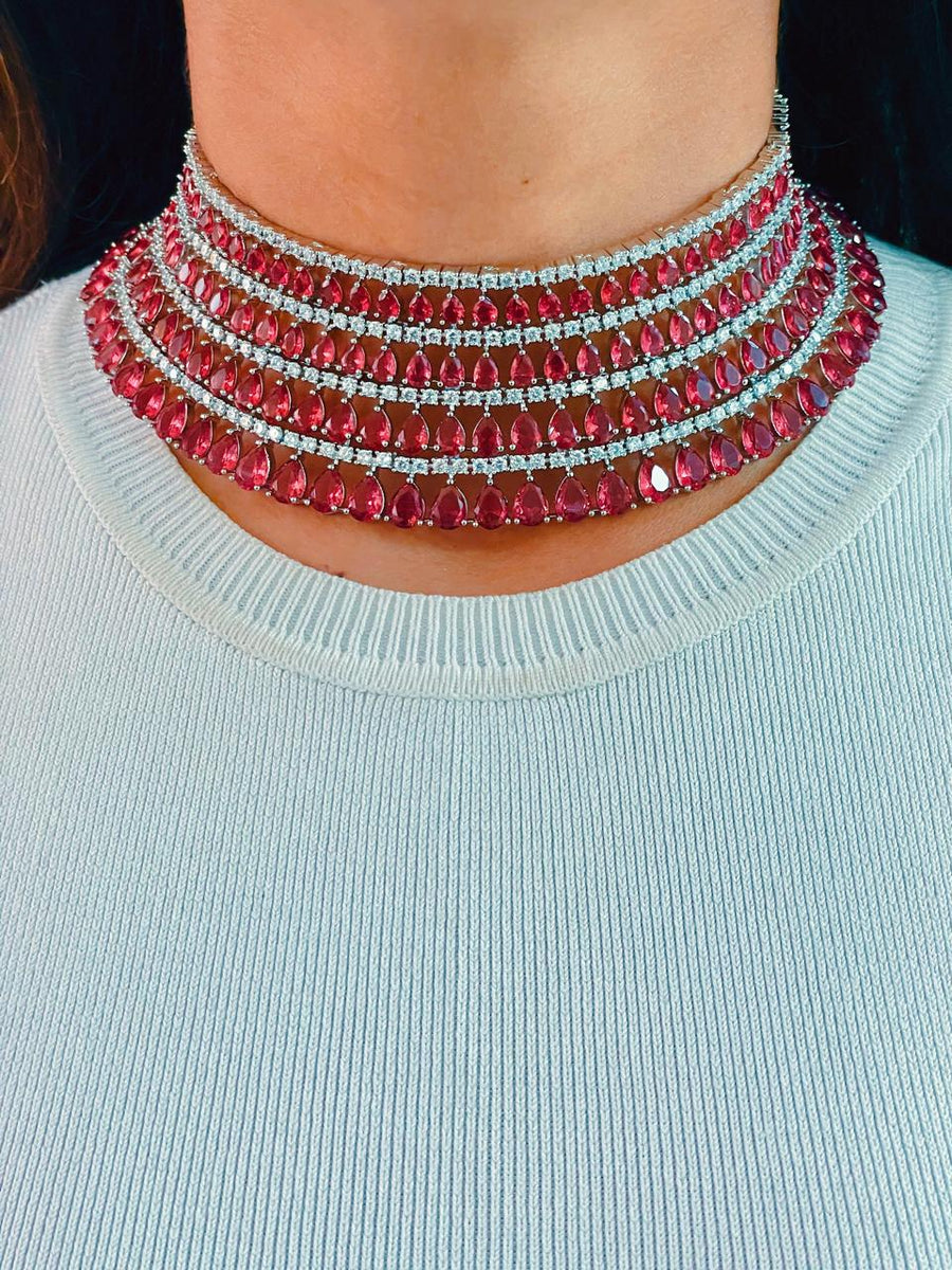 Tear Drop Ruby Dimonte Choker Necklace Set (Earrings, Necklace, Bracelet & Ring)