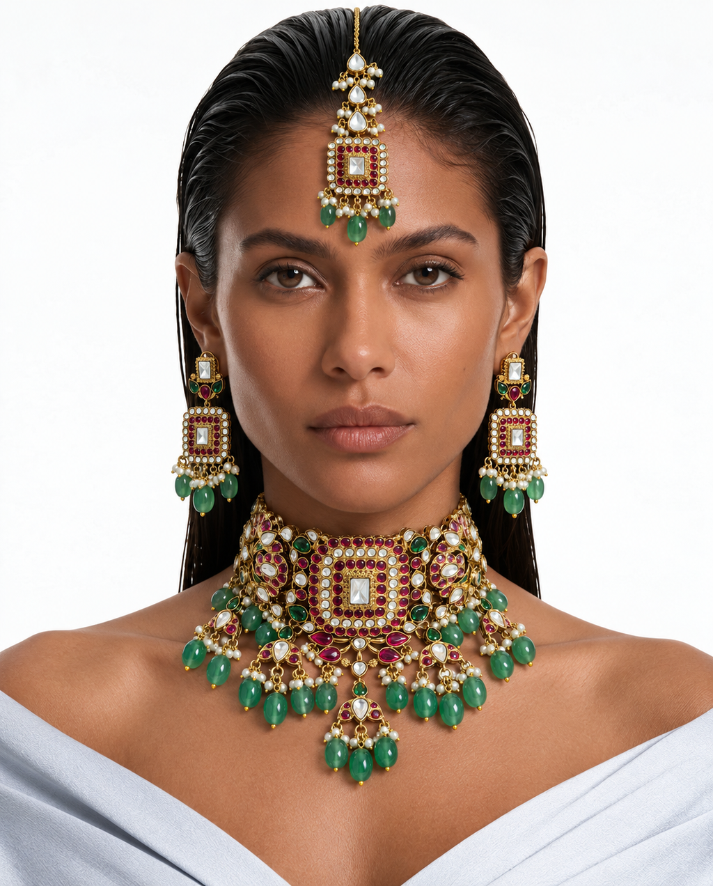 Mehrab Ruby Green Moissanite Polki Kundan kralenkettingset - ketting, oorbellen en Maang Tikka