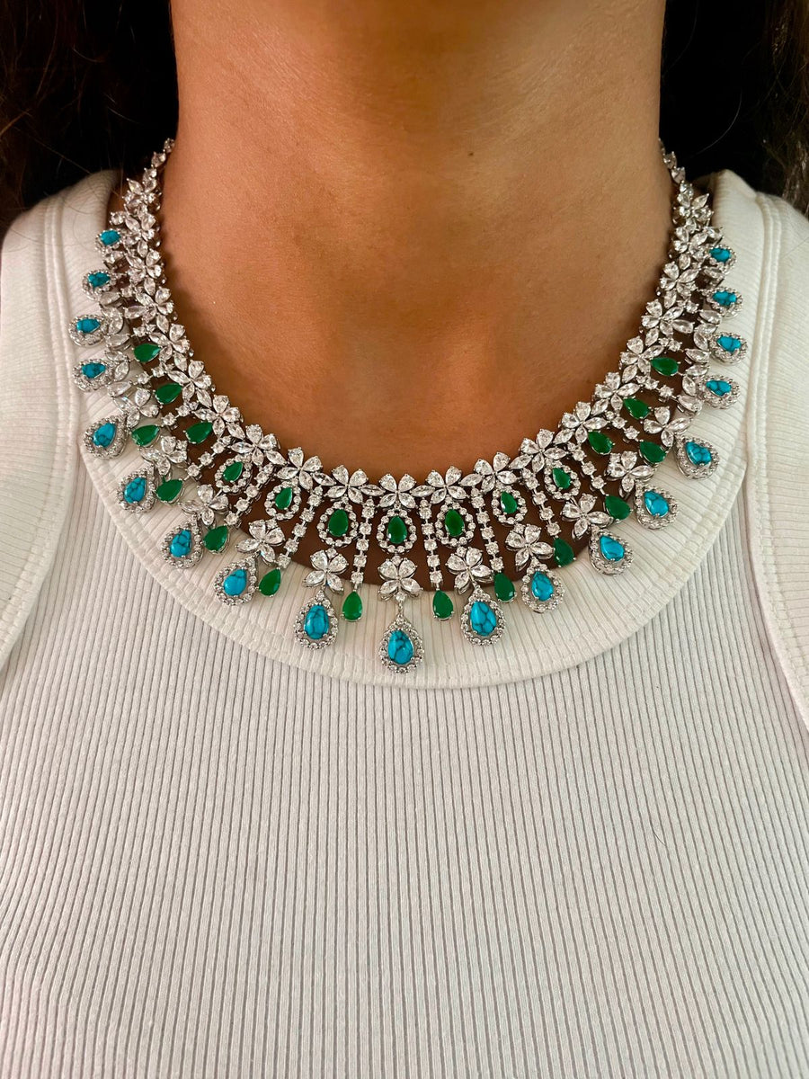 Turquoise Drops Emerald Diamond Necklace Set (Necklace & Earrings)