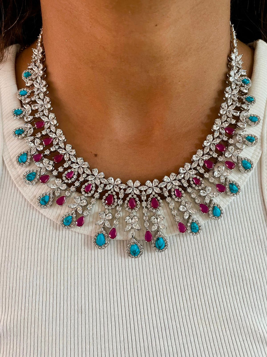 Turquoise Drops Ruby Diamond Necklace Set (Necklace & Earrings)