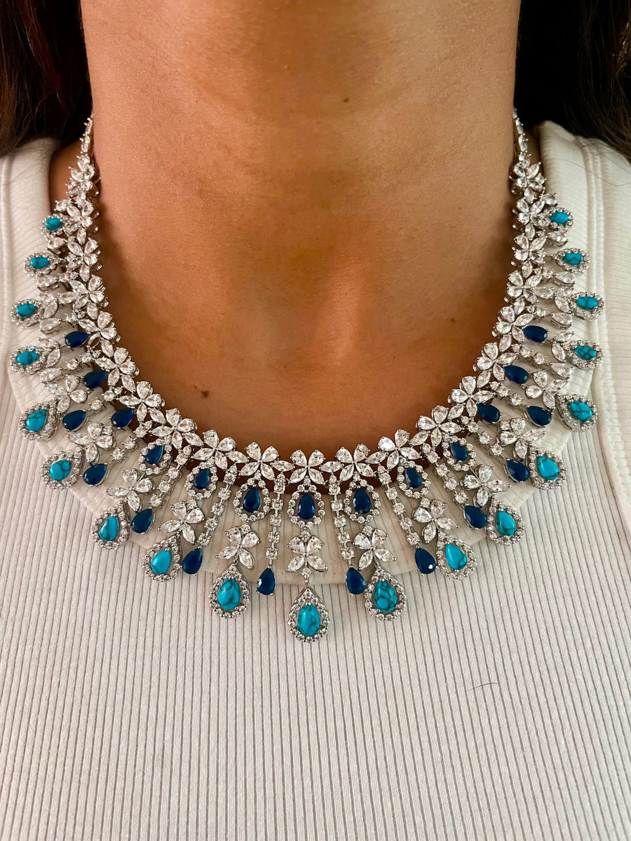 Turquoise Drops Sapphire Diamond Necklace Set (Necklace & Earrings)