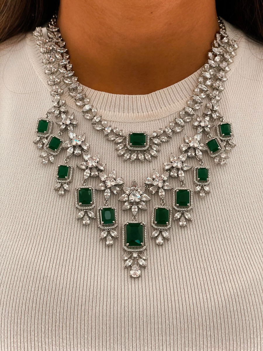 Una 2 Layer Emerald Dimonte Necklace Set (Necklace, Earrings, Ring & Bracelet)