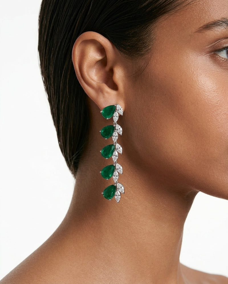 Vaanya Emerald Drops Diamond-Like Zircon Single Line Necklace Set — worn on model — Prerto