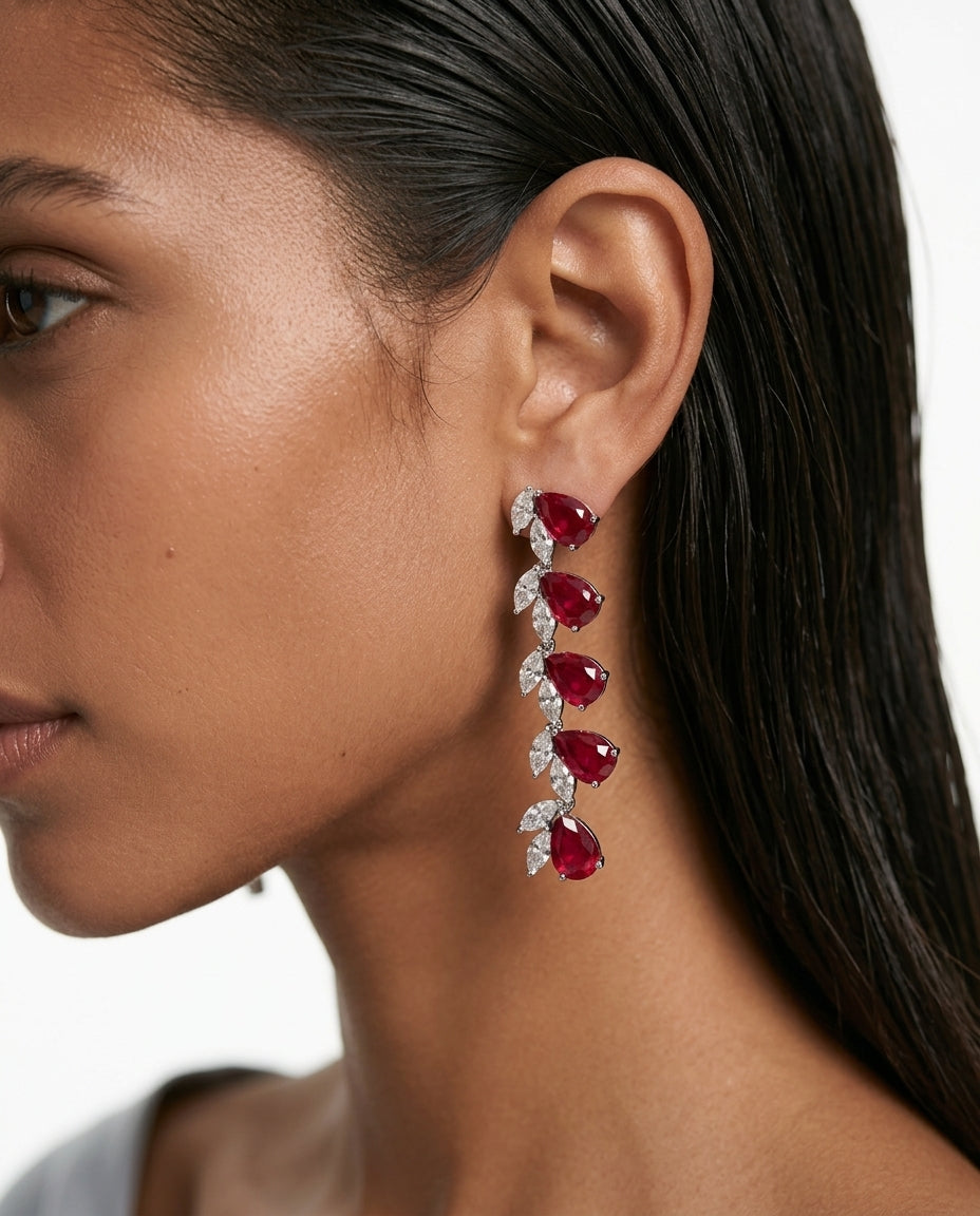 Vaanya Ruby Drops & Diamond-Like Zircon Single Line Statement Necklace Set & Jahnavi Ruby and Diamond-Like Zircon Compressed Setting Statement Necklace Set (Maharani Set)